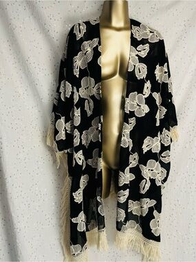 Glamorous Black Sheer Embroidered Kimono Fringe Open Front Boho O/S Fits Most